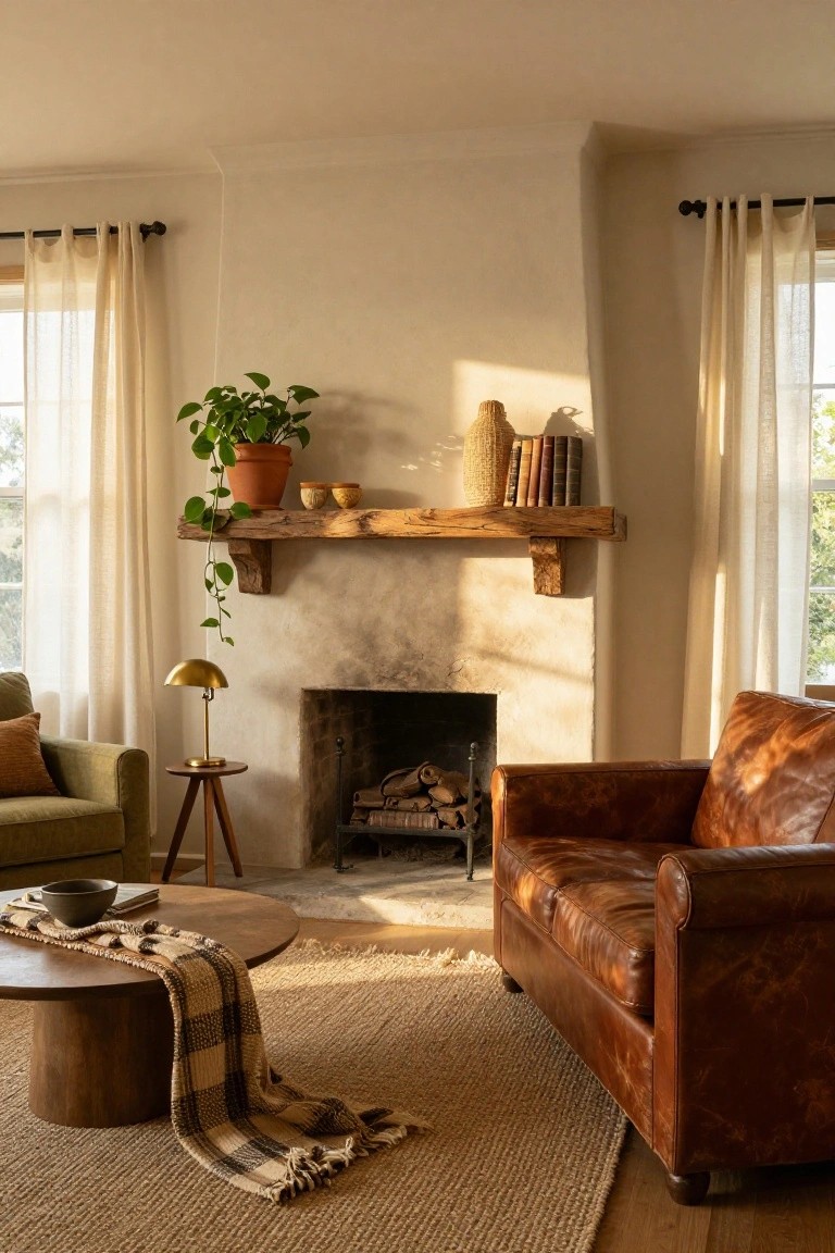 Sunlit living room interior with plaster fireplace under rustic wooden mantel shelf holding potted trailing plant, pottery, basket, and books, plus green armchair, brown leather sofa, tripod side table, round wood coffee table, plaid throw, and jute rug.