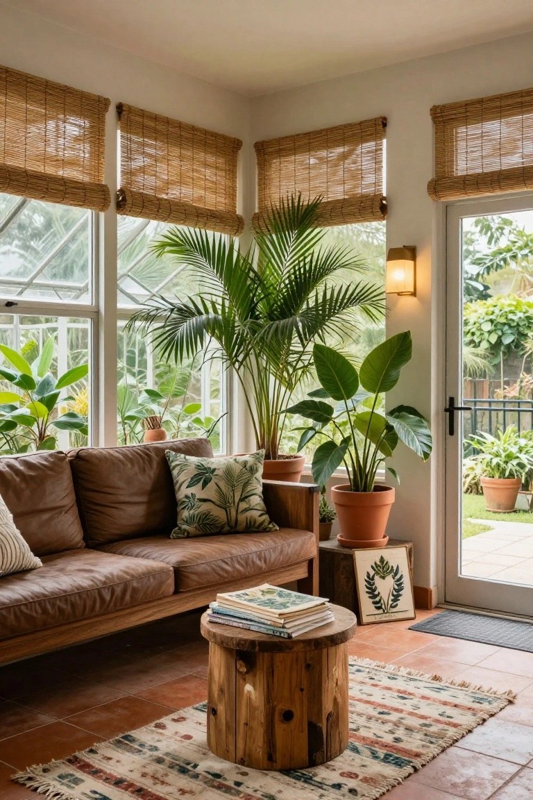 Sunlit sunroom corner with brown leather sofa, stack of books on wooden stool coffee table, large potted tropical plants including palms and alocasias, bamboo blinds on corner windows, and garden view through glass door.