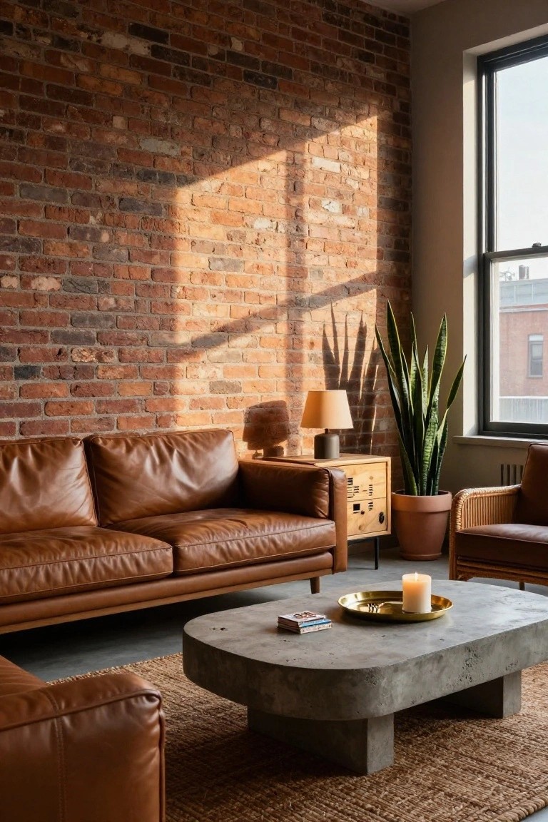 Living room with tan leather L-shaped sofa and chair, exposed brick wall, tall snake plant in terracotta pot, concrete coffee table holding books candle and tray, wood side table with lamp, jute rug, and large window with sunlight.