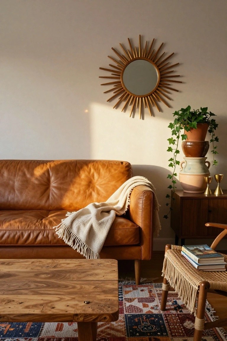 Living room with tan pebbled leather sofa draped in white fringed throw blanket, live-edge wooden coffee table, rattan chair holding stacked books, wooden side table with gold candlesticks and stacked terracotta pots trailing ivy plant, gold sunburst mirror on white wall, and multicolored patterned rug on floor.