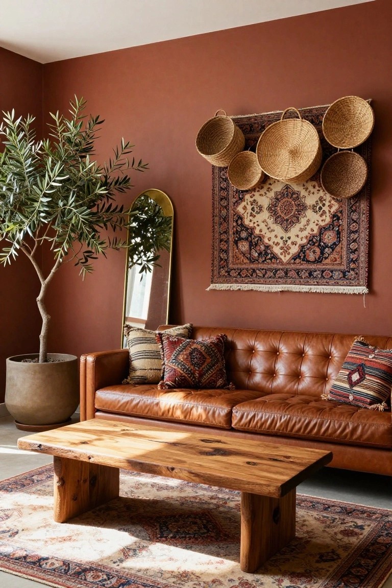 Living room featuring terracotta walls, brown tufted leather sofa with patterned pillows, live-edge wooden coffee table, potted olive tree, arched gold mirror, woven wall baskets, large Persian rug on floor, and another patterned rug underneath.