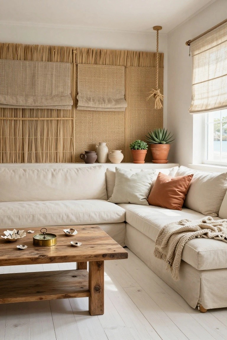 Cozy living room corner featuring a white linen L-shaped sofa, rustic wooden coffee table with shells and compass, potted succulents and ceramics on woven reed wall panels, linen shades on windows overlooking water, and neutral tones throughout.