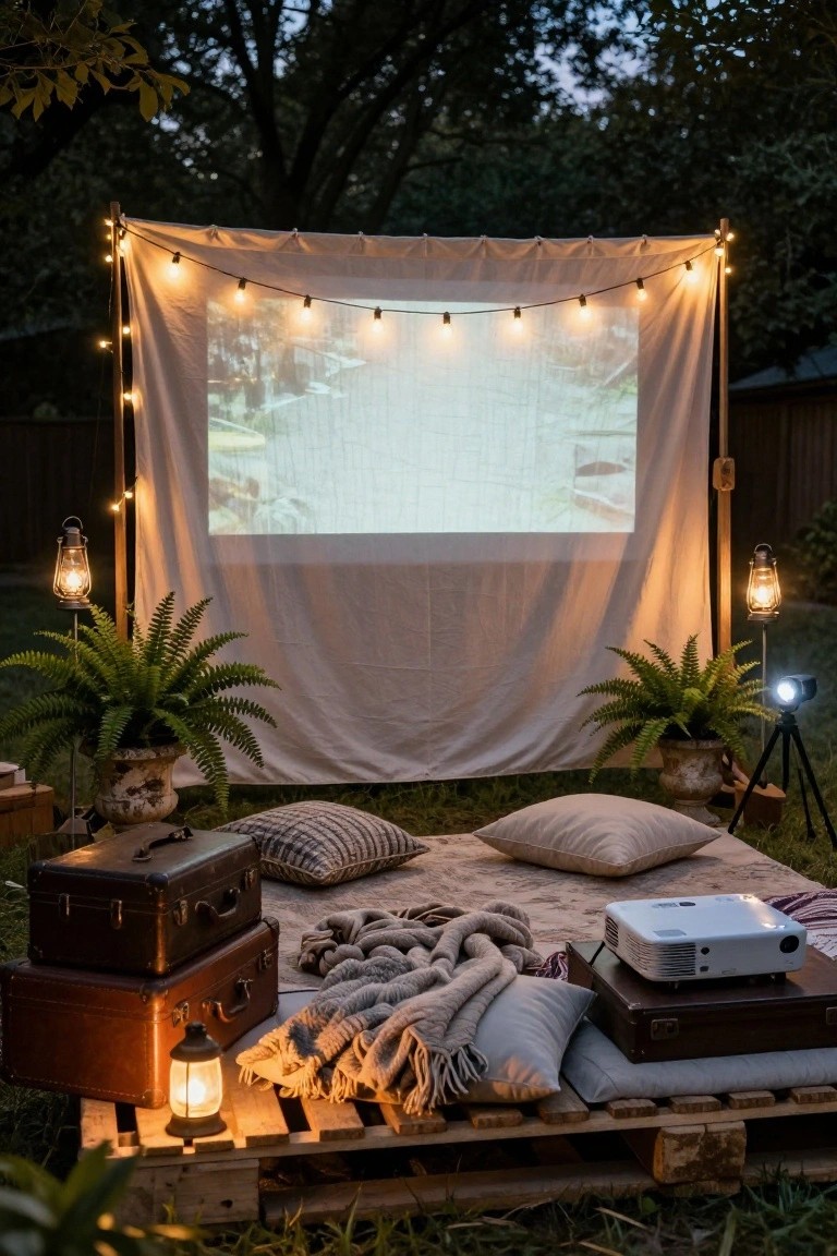 Backyard setup for outdoor movie viewing with a projector projecting onto a white sheet screen framed by string lights on poles, blankets and pillows on wooden pallets, potted ferns on stands, lanterns, and two vintage suitcases nearby.