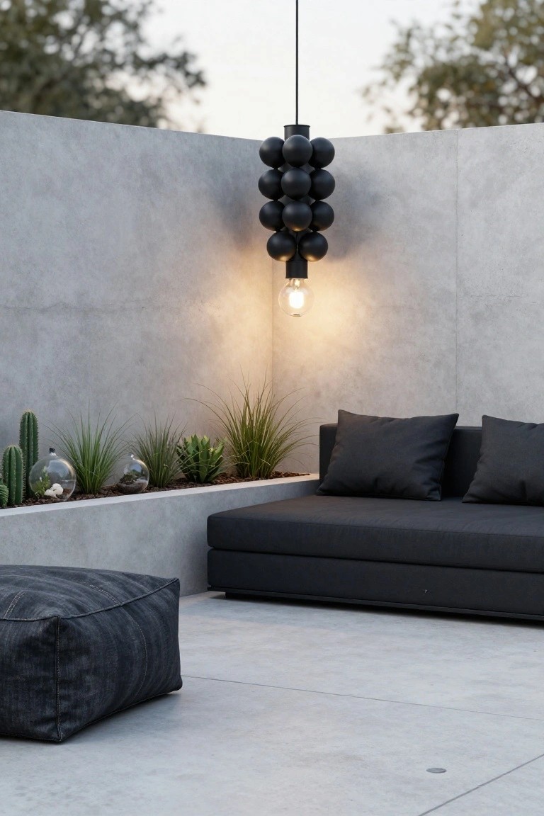 Gray concrete corner wall in outdoor patio with black cluster orb pendant light hanging above black L-shaped sofa cushions, potted cacti and succulents in built-in planters, black pouf nearby, and light gray tiled floor.