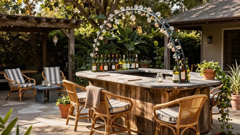 18 Easy Recycled Christmas Light Ideas That Save Money and the Planet Wooden pergola arch draped with string lights inside clear glass globes over a rustic pallet bar with wine bottles, flanked by ivy-covered posts, wicker chairs, and a small metal table on a stone patio surrounded by plants.