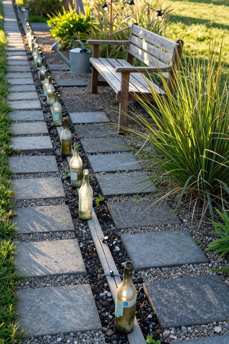 Stone paver garden pathway bordered by green glass bottles buried neck-down in gravel, with a wooden bench, plants, watering can, and string lights nearby.