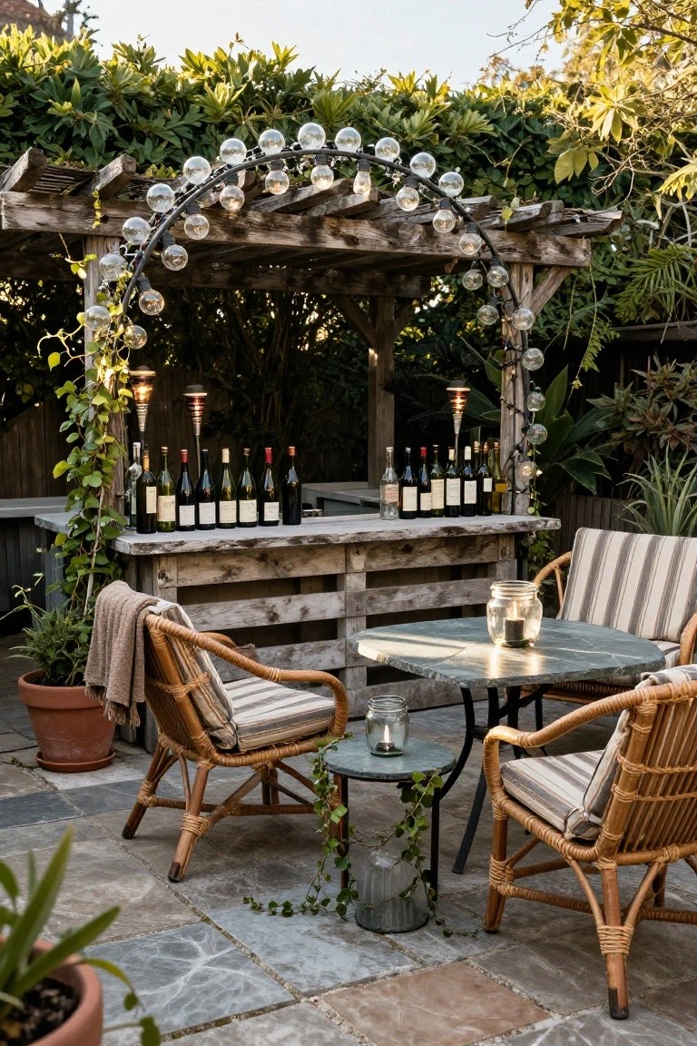 Wooden pergola arch draped with string lights inside clear glass globes over a rustic pallet bar with wine bottles, flanked by ivy-covered posts, wicker chairs, and a small metal table on a stone patio surrounded by plants.