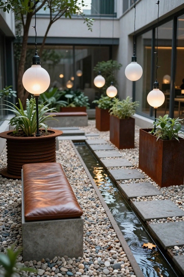 Enclosed courtyard featuring hanging white globe pendant lights, a brown leather bench on a concrete base next to a narrow water channel through pebbles and stone pavers, with metal planters, green plants, and trees.