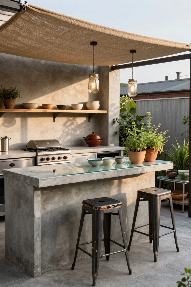 Outdoor concrete kitchen counter with glass top extension, bar stools, gas grill, potted plants, shelves with pottery, and two lit mason jar pendant lights hanging from a beige shade sail canopy.