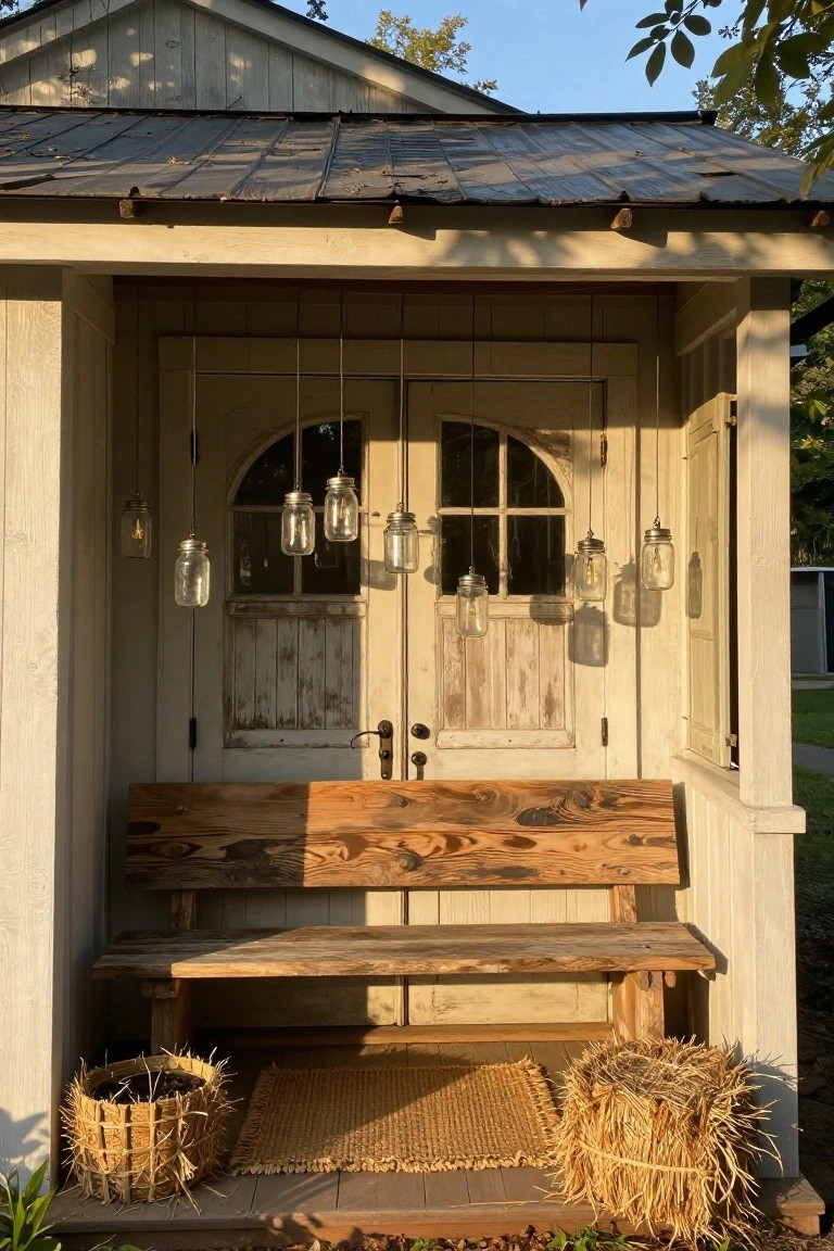 Rustic wooden porch with white shiplap siding, double arched doors with glass panes, multiple clear mason jar pendant lights hanging from chains, wooden bench, seagrass rug, and two woven seagrass baskets at the entrance.