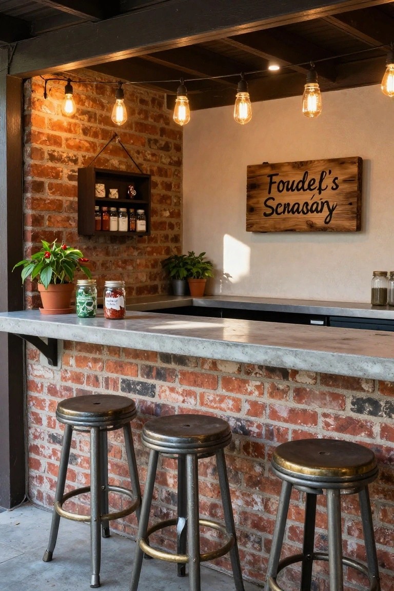 Outdoor covered bar with exposed brick wall, wooden sign reading Foudelf's Senasaasary, concrete countertop, metal stools, jars on the bar, potted plants, shelves with spices, and hanging string lights overhead.