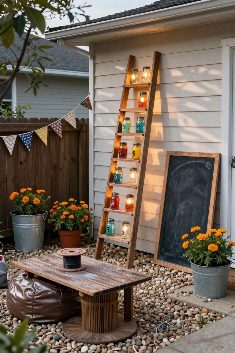 Wooden ladder shelf against beige house siding exterior holds rows of colorful mason jars containing lit bulbs, beside gravel patio with wooden spool table, brown pouf seat, metal bucket planters with orange marigolds, bunting flags on fence, and freestanding chalkboard.