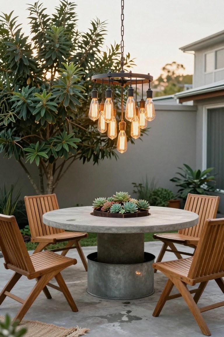 Round concrete table with succulents centerpiece on a patio, surrounded by wooden chairs, under a black metal chandelier with multiple hanging lit Edison bulbs, potted plants and trees nearby against a gray wall.