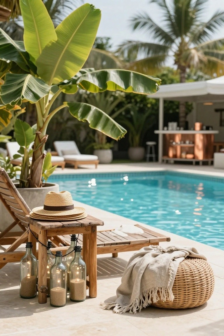Tropical poolside scene with wooden lounge chair, straw hat, candles, and woven pouf.