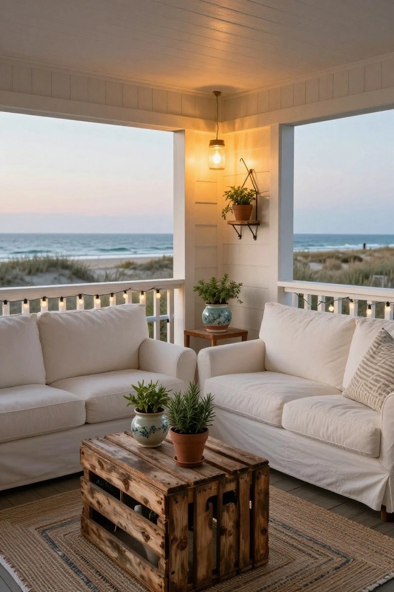 White slipcovered sofas in a corner of a covered wooden porch overlooking the ocean at dusk, with potted plants, a wooden crate coffee table, hanging plants, and small string lights along the railing.