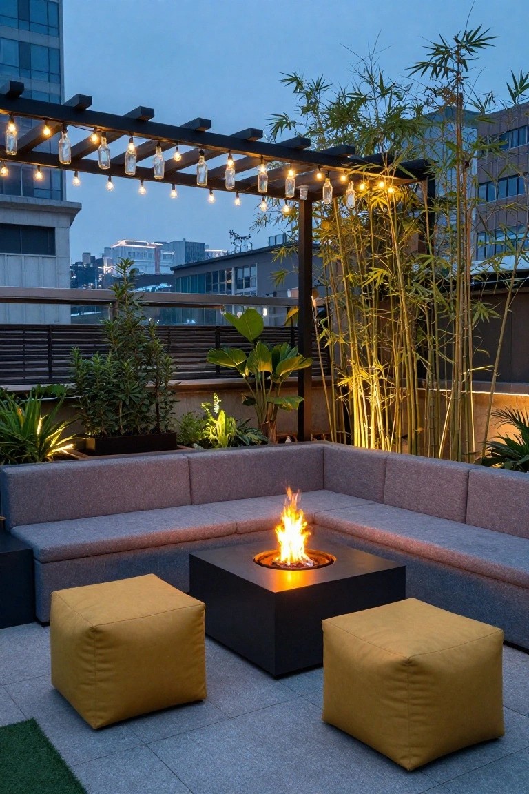 Rooftop terrace at dusk featuring a wooden pergola strung with Edison bulb lights inside suspended glass bottles, gray L-shaped outdoor sofa, central square fire pit table with flames, yellow cube ottomans, potted plants and bamboo screens, tiled floor with artificial turf patches, city buildings in background.