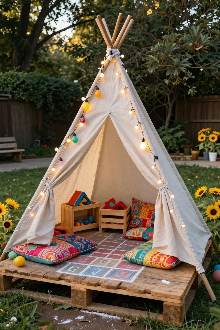 A white canvas teepee tent elevated on wooden pallets in a grassy backyard, draped with colorful string lights, containing cushions, toys, balls, and surrounded by sunflowers and garden plants.