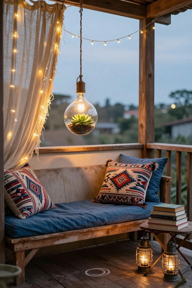 Wooden porch balcony at dusk with blue cushioned bench, patterned pillows, stack of books on side table, glass globe hanging plant, draped beige curtains with string lights, two metal lanterns on floor, greenery and houses in background.