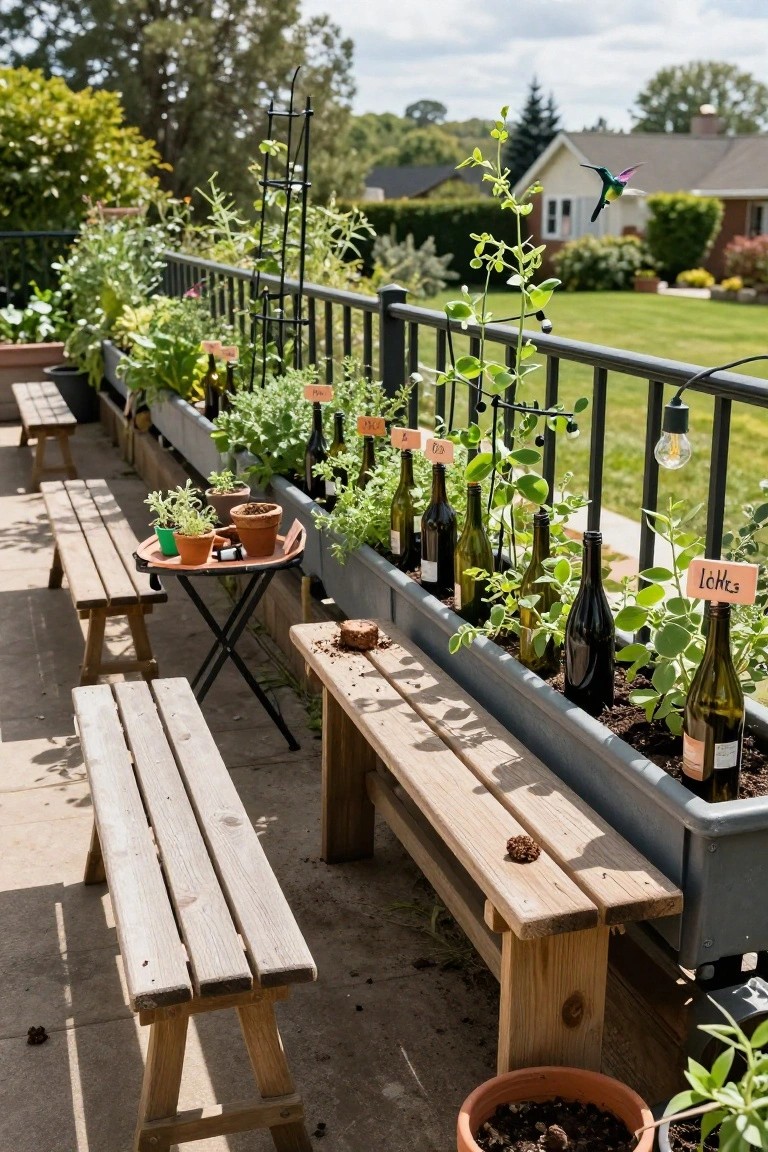 Balcony railing lined with a gray trough planter containing soil-filled recycled wine bottles growing herbs, surrounded by potted plants, wooden benches, a small table with terracotta pots, string lights overhead, and houses with lawns in the background.