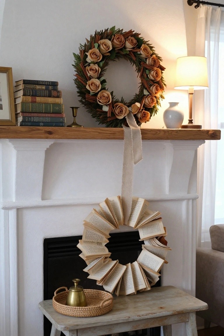 A wreath made from fanned-out pages of an old book hangs in front of a brick fireplace, with a wooden mantel shelf above holding stacked books, a floral wreath, candles, a lamp, and a vase.