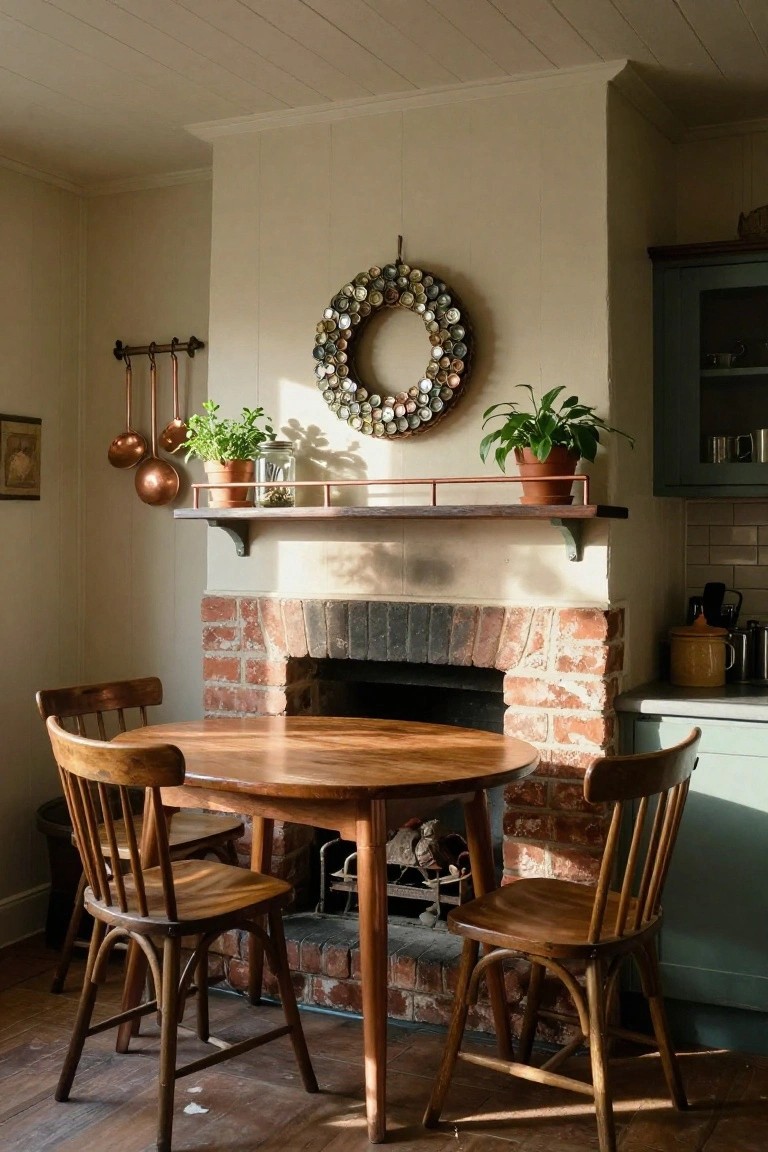 Cozy indoor kitchen dining nook with round wooden table and chairs by a brick fireplace, copper pots hanging on wall rack, potted plants on wooden shelf, and circular wreath of colorful bottle caps on cream wall.