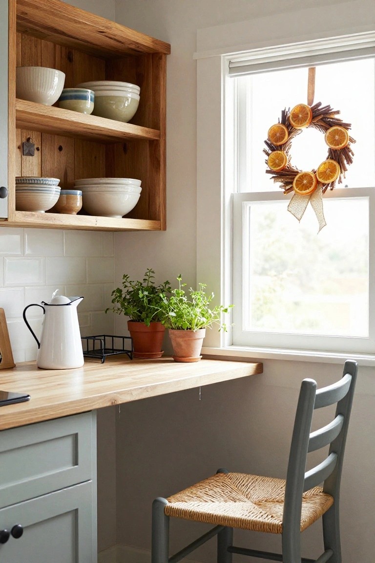 Kitchen corner with open wooden shelves holding white and ceramic bowls, wooden counter with white teapot and potted herbs, gray ladder-back chair, and wreath of dried orange slices and cinnamon sticks hanging in the window.