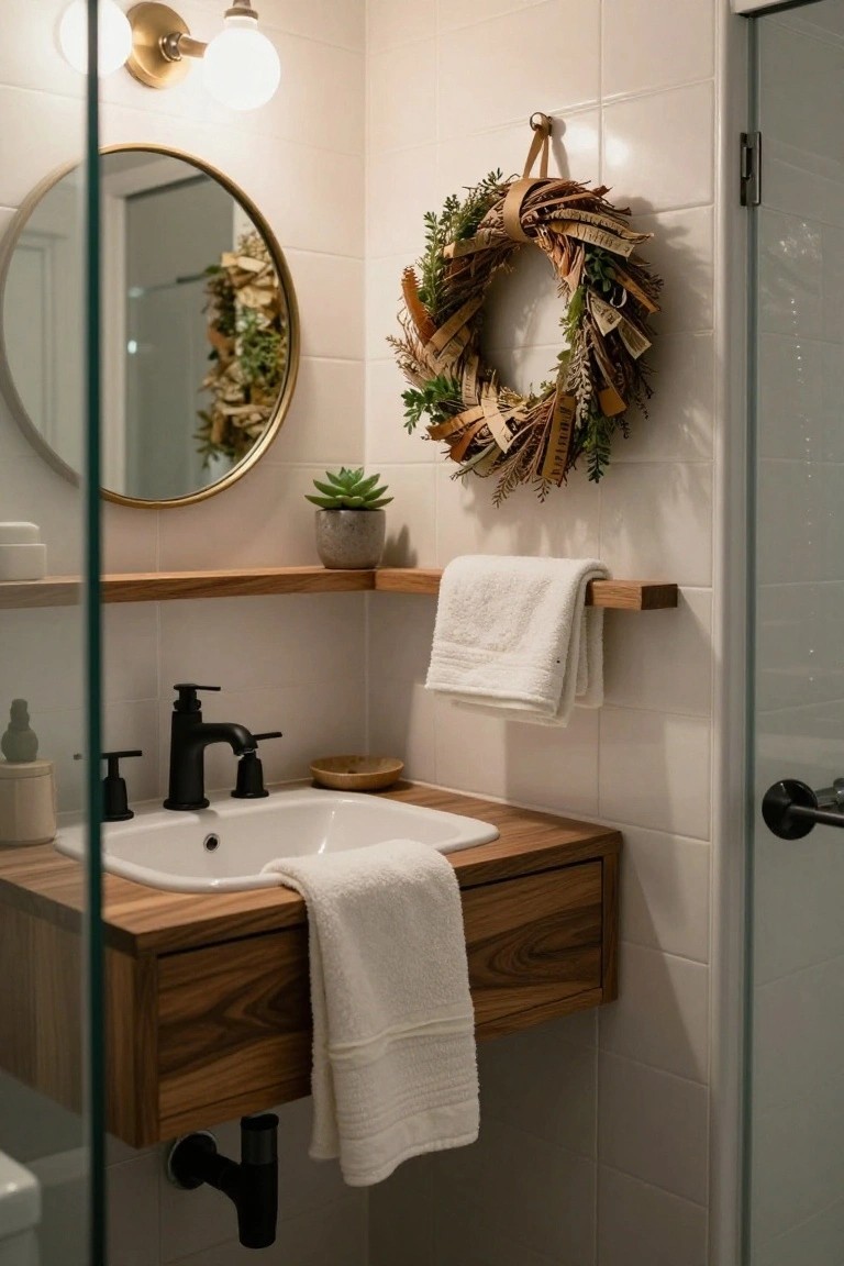 Modern bathroom with wooden floating vanity, white sink, black faucet, gold round mirror, wooden shelf with towels and succulent, and textured wreath of dried grasses and plants on white tiled wall next to glass shower door.