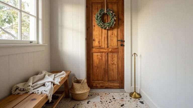 Narrow beige entryway hallway featuring a wooden door with glass panel decorated by a wreath of green eucalyptus branches, pinecones, and shells hung with twine, beside a wooden bench with white fringed cushion, seagrass basket, and brass umbrella stand on terracotta tile floor.
