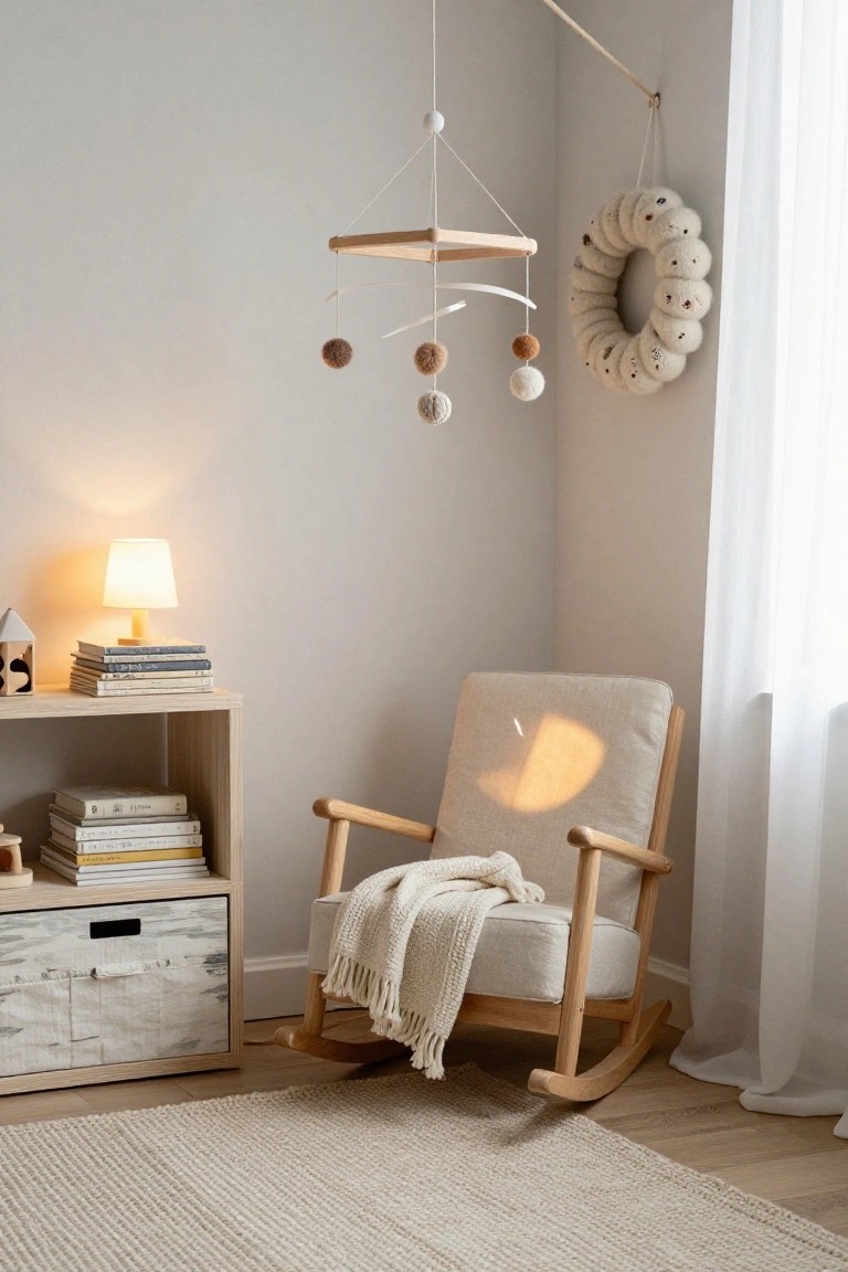 Cozy nursery corner featuring a beige rocking chair with blanket, wooden bookshelf with books and toys, table lamp, hanging mobile with wool balls, and a white felted wool pom-pom wreath on the wall next to a window with sheer curtains.