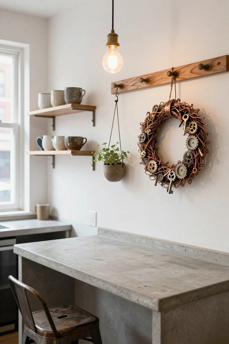 Kitchen corner with white walls, wooden shelves holding ceramic mugs and bowls, hanging potted plant, brass pendant light, concrete countertop and bar stool, and large wreath of twisted copper wire with metal gears and keys on the wall.