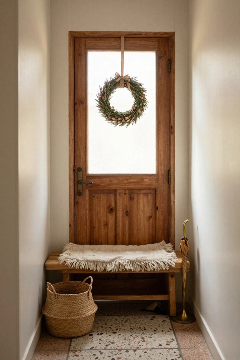 Narrow beige entryway hallway featuring a wooden door with glass panel decorated by a wreath of green eucalyptus branches, pinecones, and shells hung with twine, beside a wooden bench with white fringed cushion, seagrass basket, and brass umbrella stand on terracotta tile floor.