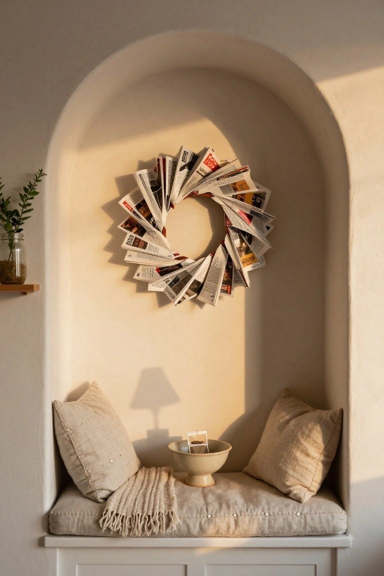 Arched beige wall niche with circular wreath of fanned newspaper pages above cushioned bench seat with pillows, throw blanket, lamp, and ceramic bowl on shelf.