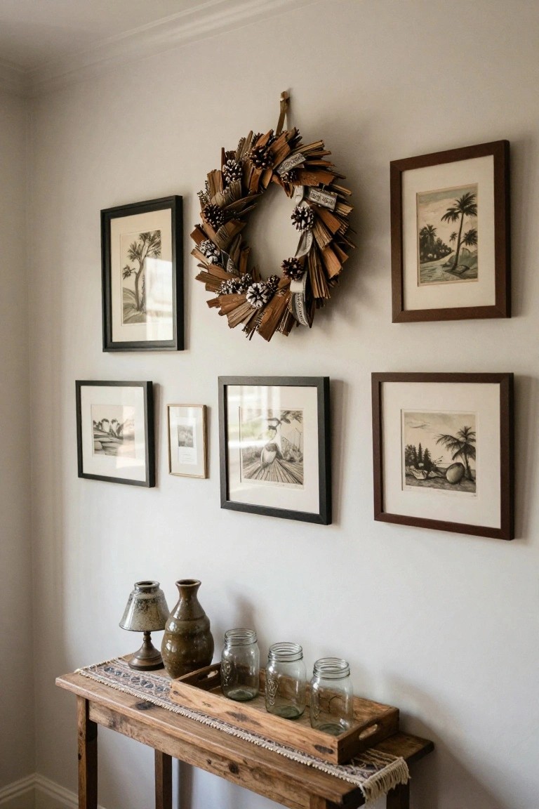 A wreath constructed from layered book pages, driftwood, and pinecones hangs on a light-colored interior wall, surrounded by several framed black-and-white prints of palm trees and landscapes, above a rustic wooden console table holding glass jars, ceramic vases, and a lamp.