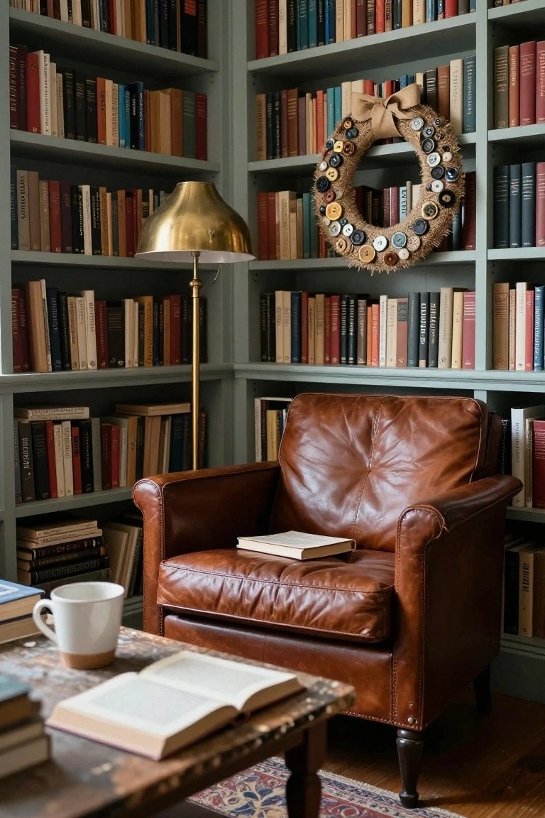 Cozy library interior with green-painted bookshelves filled with books, a brown leather tufted armchair, wooden coffee table holding open books and a white mug, brass floor lamp, and burlap wreath covered in assorted colorful buttons hanging on a shelf.