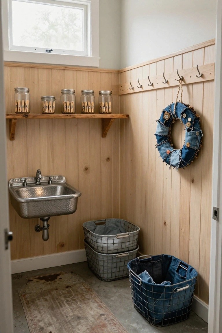 Wood-paneled laundry room with hammered metal sink, jars of clothespins on shelf, wire baskets on floor, and blue denim patchwork wreath hanging on wall.