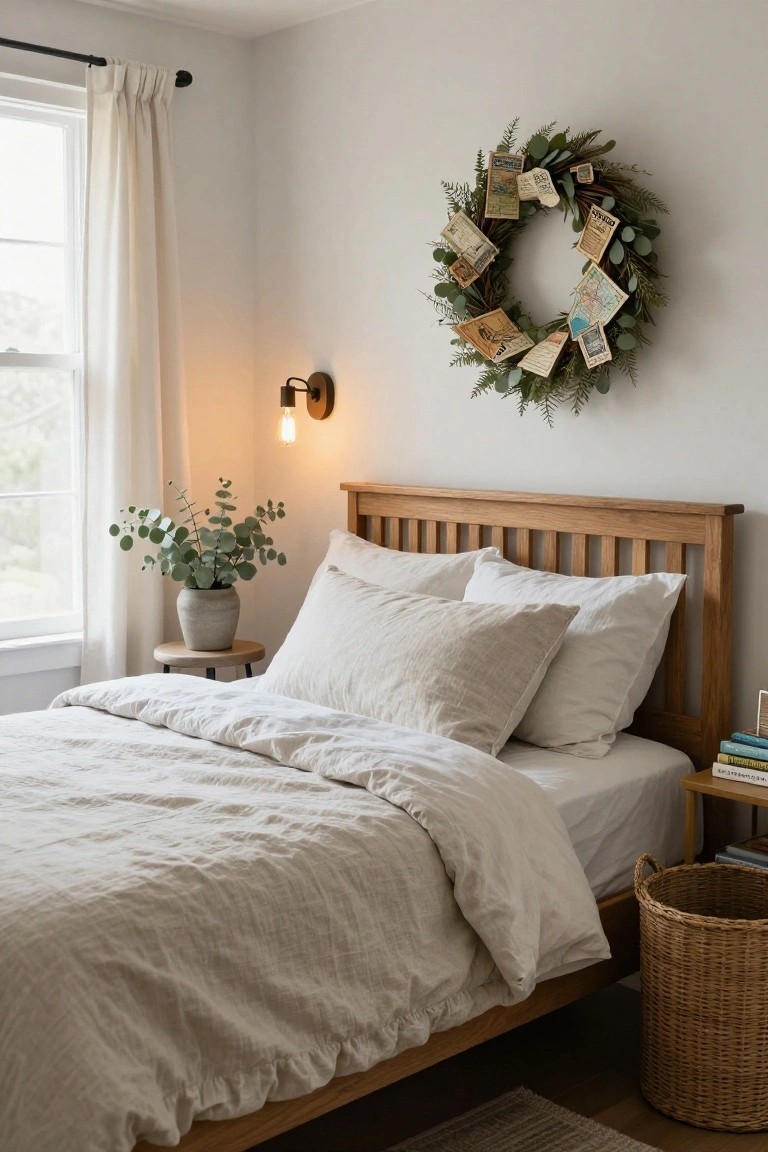 Bedroom corner showing an oak bed with white linen bedding, side table with potted eucalyptus, lit wall sconce, woven basket on floor, and a fern wreath decorated with old postcards, tags, and maps hung on the wall above the bed.