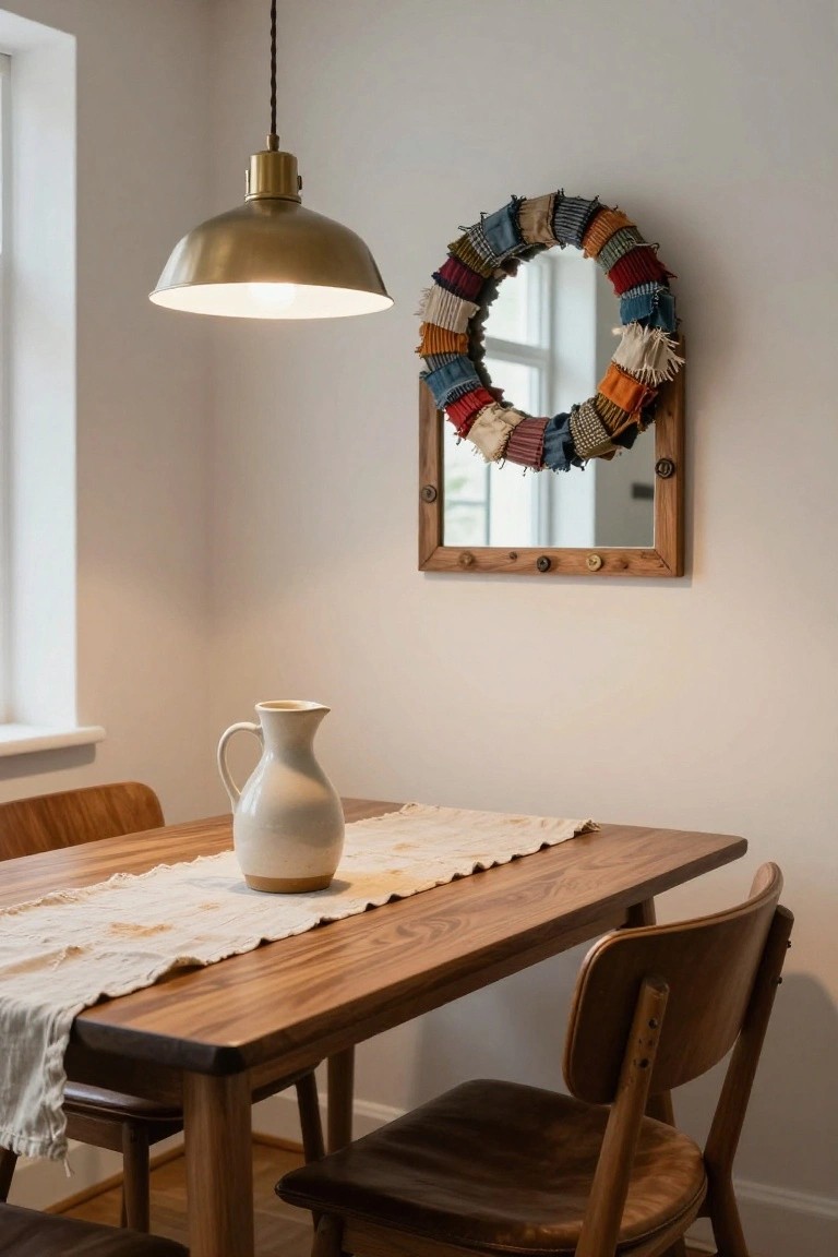 Colorful wreath of assorted fabric scraps surrounding a round wooden-framed mirror on a white wall above a wooden dining table with chairs, a white jug, and beige runner.