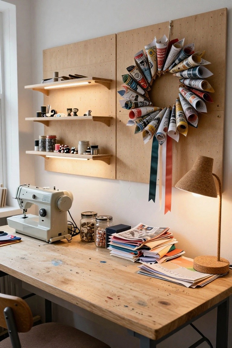 A colorful wreath made from rolled magazine pages and ribbons hangs on a wooden pegboard wall above a rustic wooden desk with a sewing machine, jars, stacked papers, and books in a bright craft room.
