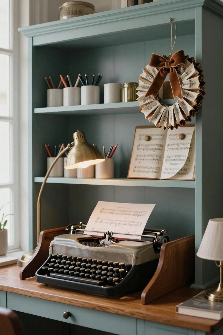Teal painted bookshelves in a cozy study displaying a hanging wreath made from folded beige sheet music pages with a brown ribbon bow, vintage typewriter on wooden desk below, brass desk lamp, white mugs, and potted plant.