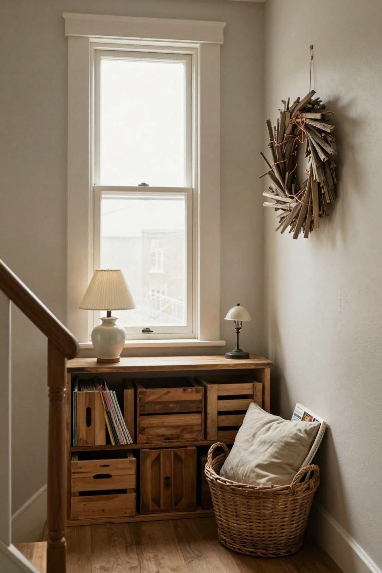 Light gray interior corner with tall white-framed window, wooden crate shelves holding books and bins, two ceramic lamps on wood surfaces, wicker basket with pillow and magazine, and rustic twig wreath on wall beside wooden staircase.