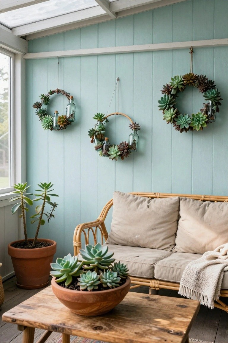 Sunroom with light blue paneled walls displaying three hanging wreaths of succulents, grapevine, and small glass bottles, alongside rattan sofa, wooden coffee table with succulent bowl, and potted plants.