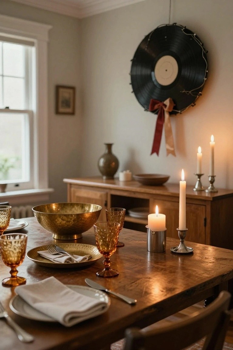 Cozy dining area with wooden table set for a meal, gold bowl and amber glasses, multiple candles lit on table and sideboard, large black vinyl record wreath with lights and red ribbon on pale green wall, window and wooden furniture in background.