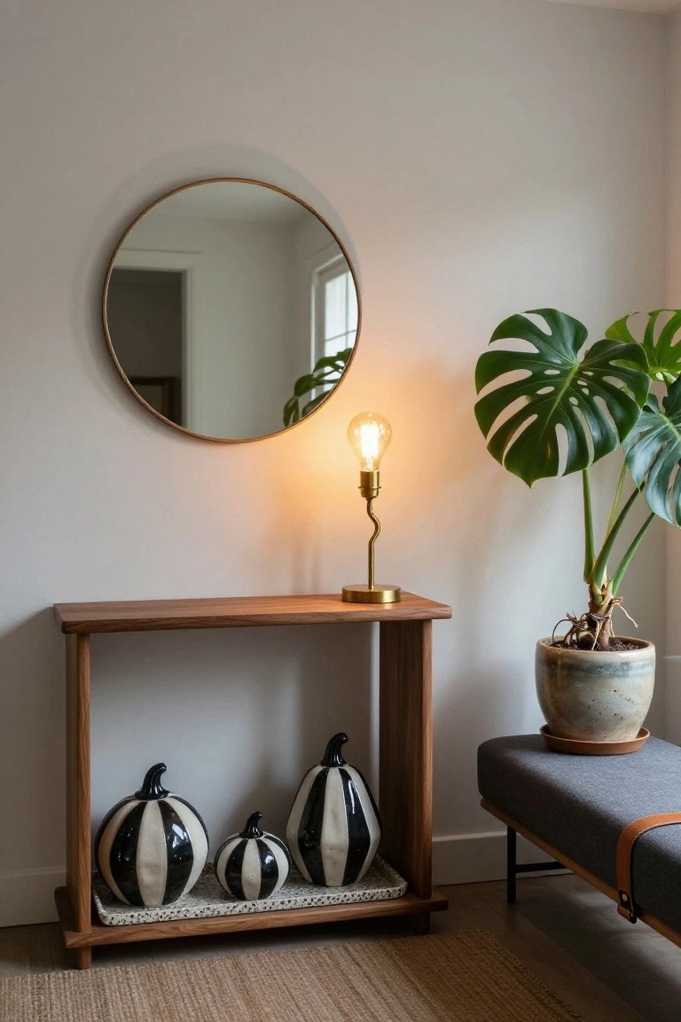 Wooden console table in a light gray entryway displays three black-and-white striped ceramic pumpkins on a speckled tray, with a curved gold lamp beside a monstera plant in a gray pot and a round brass mirror on the wall, gray bench nearby.