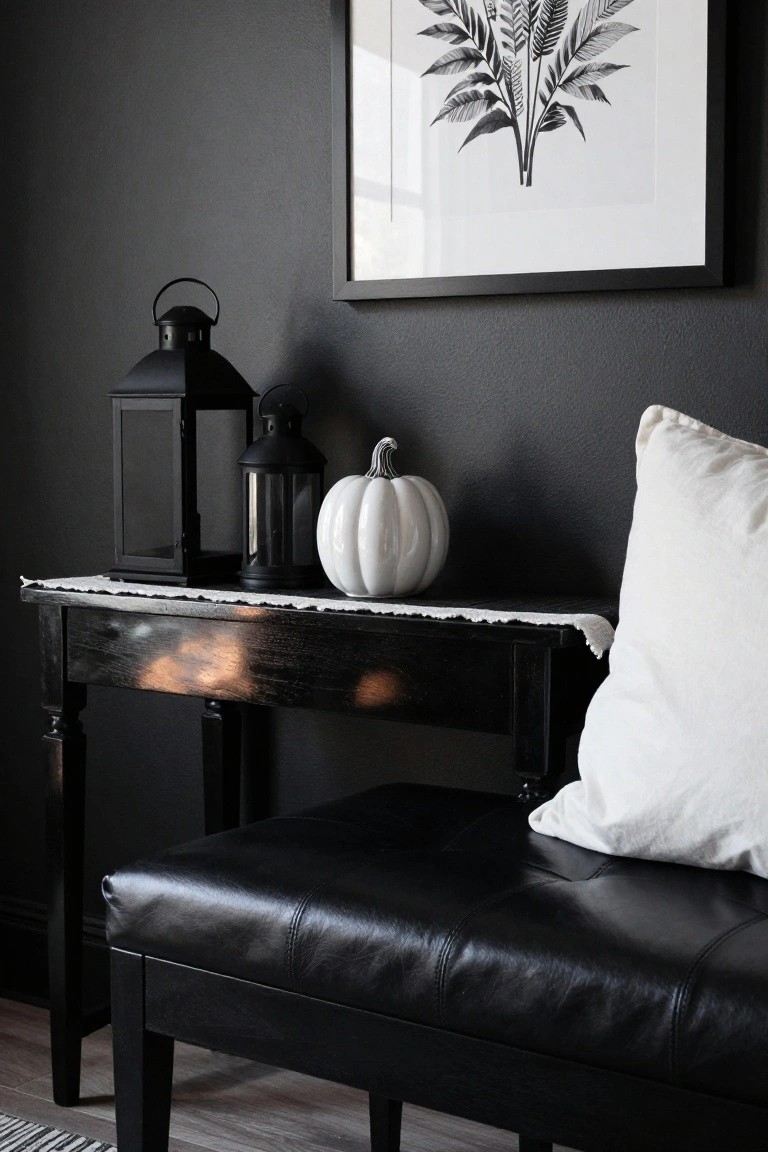 Black wooden console table topped with white pumpkin, black lanterns, and lace runner, next to black leather bench and white pillow, in dark gray walled entryway.