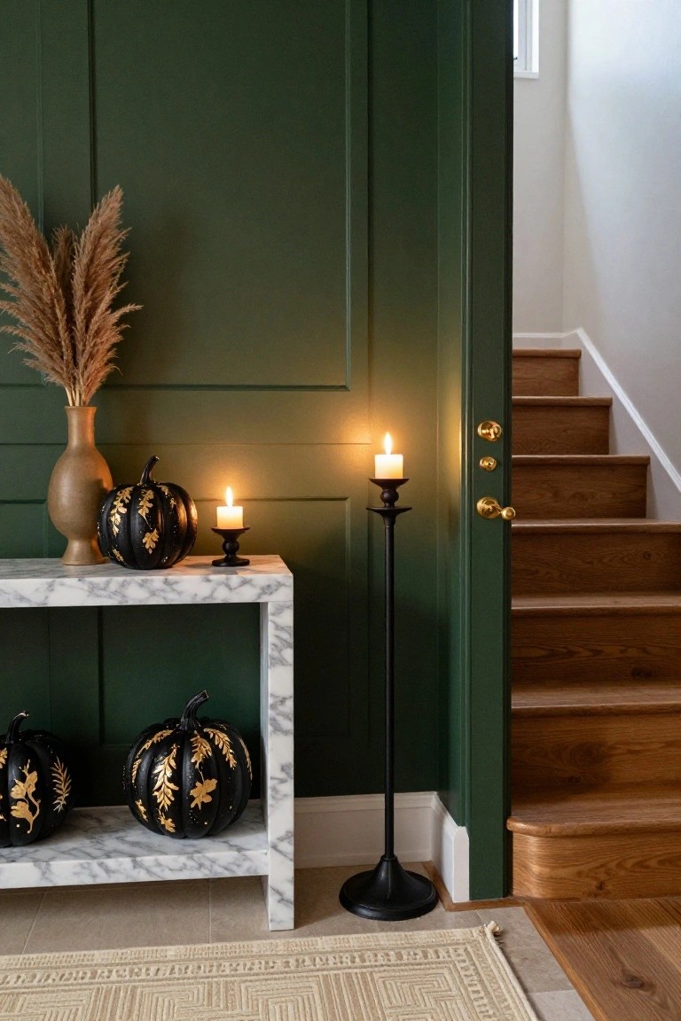 Entryway with dark green paneled wall, white marble console table holding black pumpkins with gold leaf designs, terracotta vase of pampas grass, black candlesticks with lit candles, tall black candelabra, brass door hardware, and wooden stairs.
