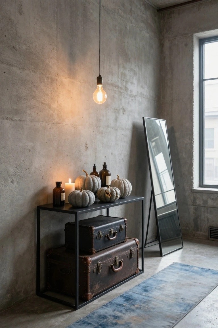 Black metal etagere against concrete wall in entryway corner holding stacked brown leather suitcases on bottom shelf and white pumpkins, candles, and glass bottles on top shelf, next to tall black-framed mirror, blue rug on floor, hanging Edison bulb overhead.