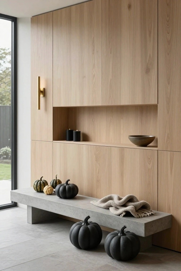 Modern entryway featuring light oak wood cabinetry with a niche shelf holding black candles and a ceramic bowl, a concrete bench with black and orange pumpkins and a cream throw blanket, and a large window overlooking a garden.