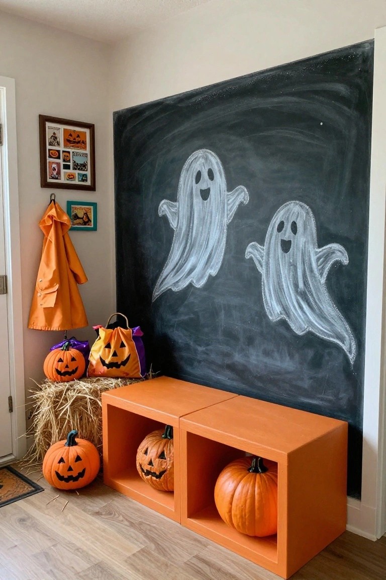 Entryway with large black chalkboard wall drawn with two white smiling ghosts, orange modular bench holding pumpkins, hay bales with pumpkins at base, Halloween bags, and orange raincoat on hook.