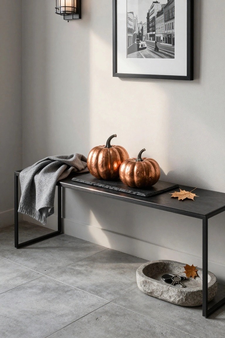 Entryway with black metal bench holding two copper-finished pumpkins on black slate tray, gray knit throw draped over bench arm, wall lantern, black-framed photo of city street, and stone dish with keys and autumn leaf on gray tile floor.