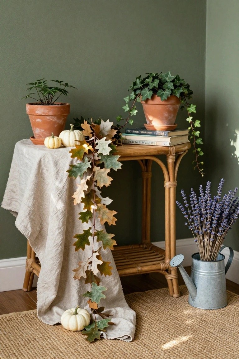 Green-painted indoor corner with rattan side table covered in white linen and draped with artificial fall leaf garland, white pumpkins, potted plants including ivy and a schefflera, stacked books, lavender bundle, and metal watering can on seagrass rug.